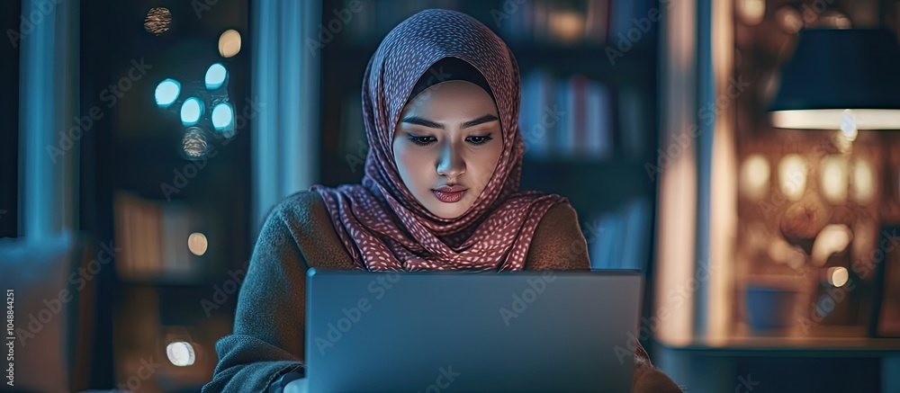 Poster portrait of an asian muslim woman in a hijab utilizing a laptop at home. with copy space image. plac