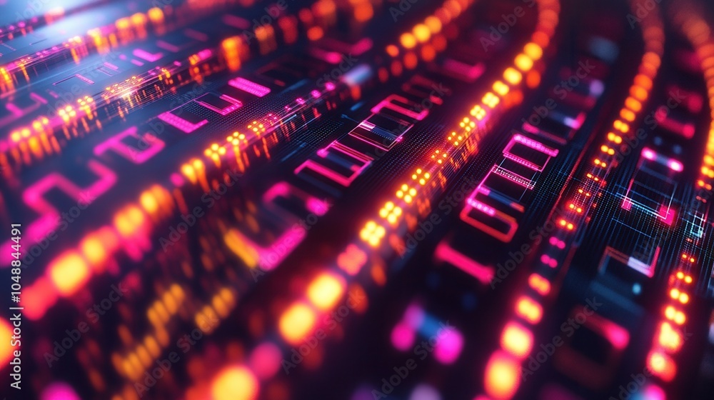 Poster abstract digital background with vibrant neon colors, featuring flowing patterns and modern technolo