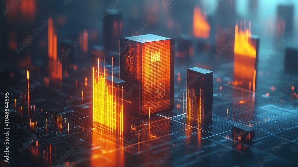 Poster abstract digital landscape featuring glowing structures and data visualization elements, ideal for t