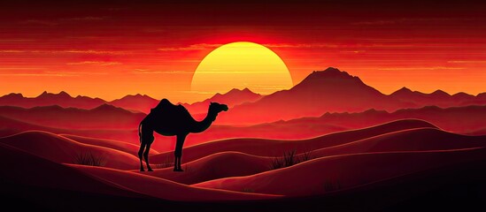 Fototapeta premium Silhouette of a camel in a desert landscape with a sunset.