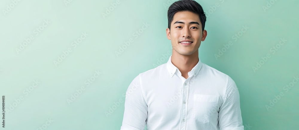 Poster the young asian man in smart casual attire is positioned against a light green background. with copy