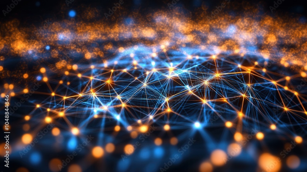 Poster abstract digital network with glowing blue and orange lights, representing data connections and tech