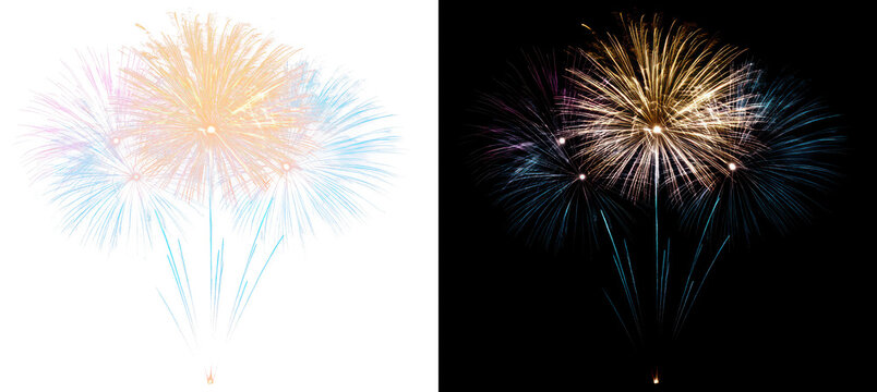 Colorful fireworks display on transparent and black background, creating a festive atmosphere, cutout, png