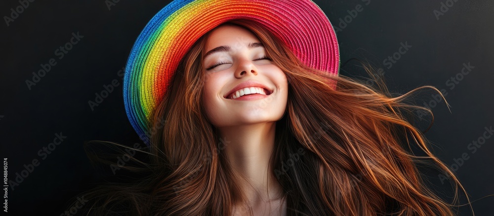 Poster joyful girl wearing a vibrant hat and having long brown hair urban setting with a black backdrop. wi