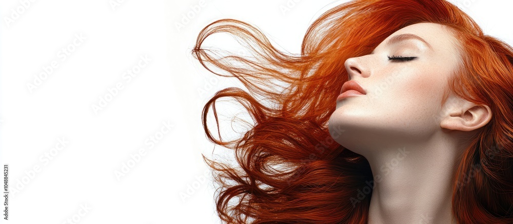 Poster portrait of a stunning female fashion model with red hair posing against an isolated white backgroun