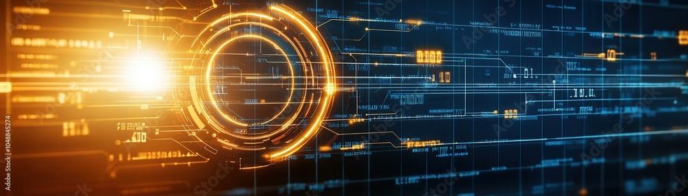 Poster abstract technology background featuring glowing circles and dynamic lines, ideal for digital innova