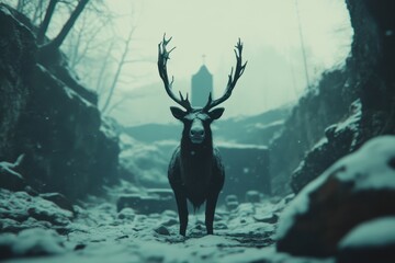 A majestic deer stands in a snow-covered valley surrounded by misty trees during twilight