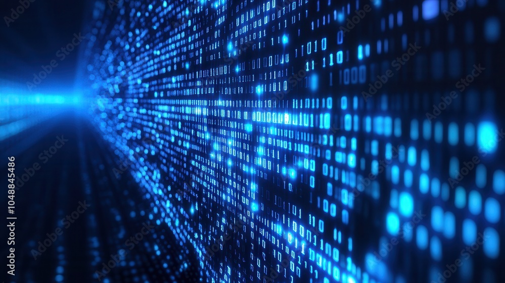 Poster an abstract representation of digital data flow with vibrant blue pixels, symbolizing technology and