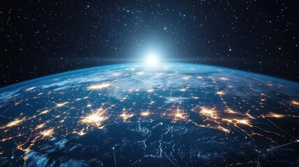 Obraz premium Space view of Earth at night, with city lights and glowing grid lines showing global infrastructure.