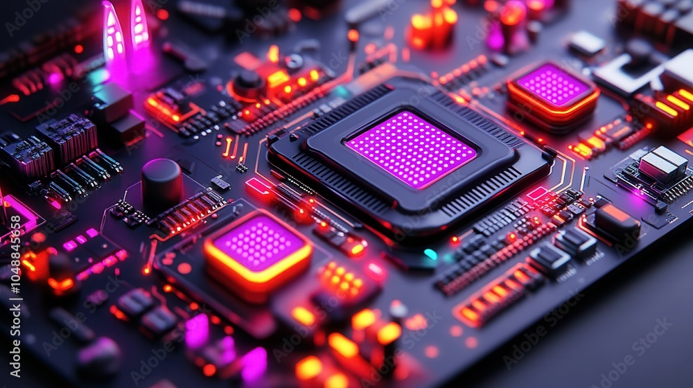 Poster close-up of a modern circuit board showcasing vibrant led lights and intricate microchip designs in 