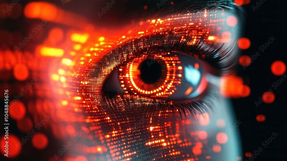 Poster close-up of a digital eye with vibrant red and orange patterns, symbolizing technology and innovatio