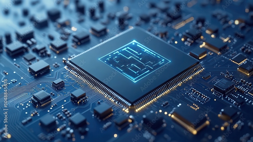 Poster close-up of a modern microchip on a circuit board, showcasing intricate designs and advanced technol