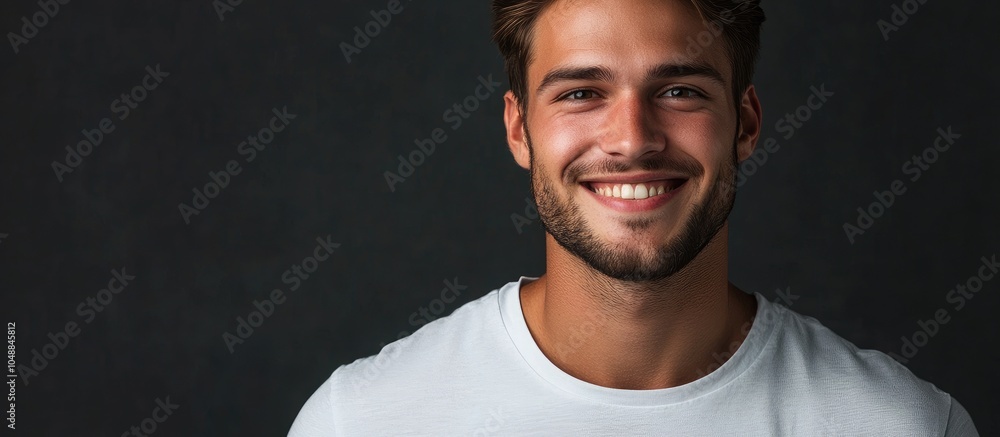 Poster close up portrait of a smiling young man wearing a white t shirt against a grey studio background. w