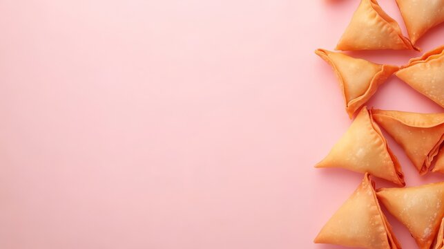 A row of crispy fried samosas on a pink background, leaving plenty of copy space.