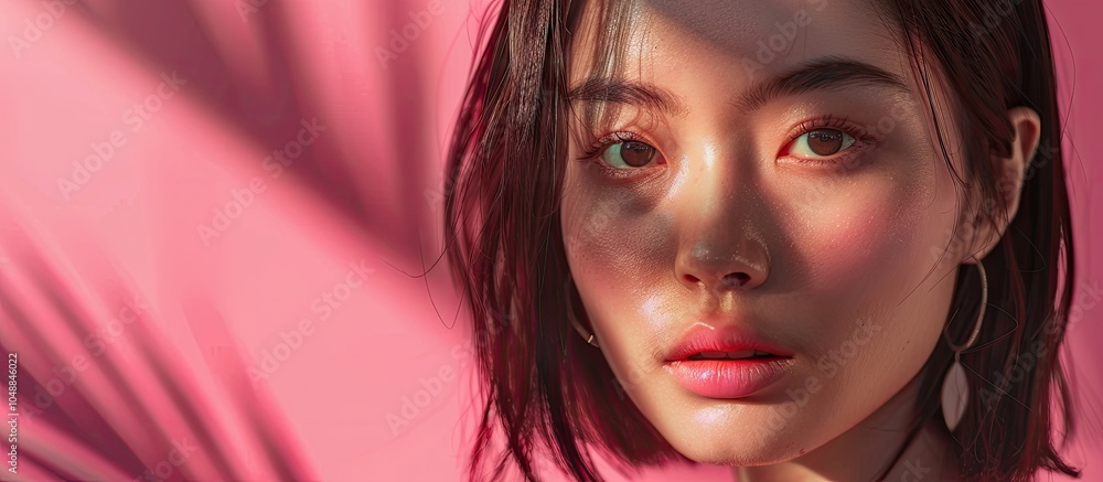 Poster portrait of a beautiful asian woman against a pink background. with copy space image. place for addi
