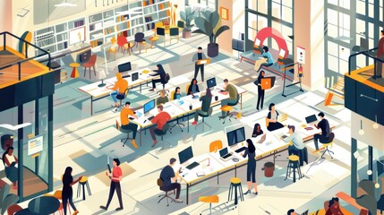 Obraz premium A Busy Modern Office with Multiple People Working on Computers and Other Tasks