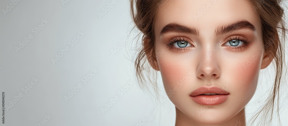 Poster the lovely face of a beautiful woman with fresh clear skin. with copy space image. place for adding 