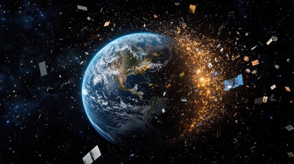 Obraz premium Earth encircled by 3D-rendered space debris and inactive satellites, representing the global challenge of cleaning up space pollution.