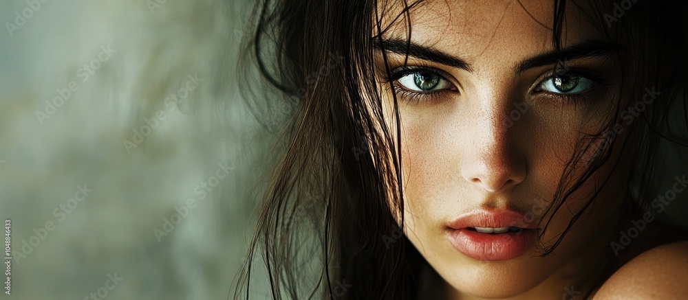 Poster portrait of a stunning and expressive young brunette woman. with copy space image. place for adding 