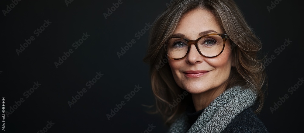 Poster Portrait of a lovely mature woman smiling and looking at the camera against a dark background. with copy space image. Place for adding text or design