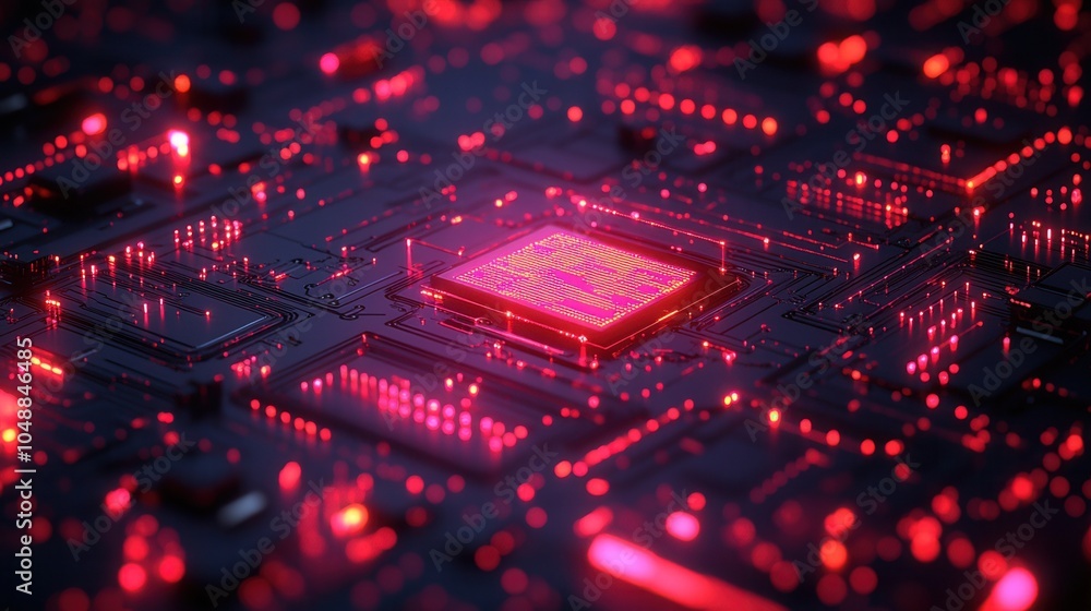 Poster dynamic close-up of a glowing circuit board with vibrant red lights, showcasing the intricate detail