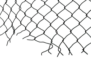 The texture of the metal mesh on a white background. Torn steel, metal mesh with holes
