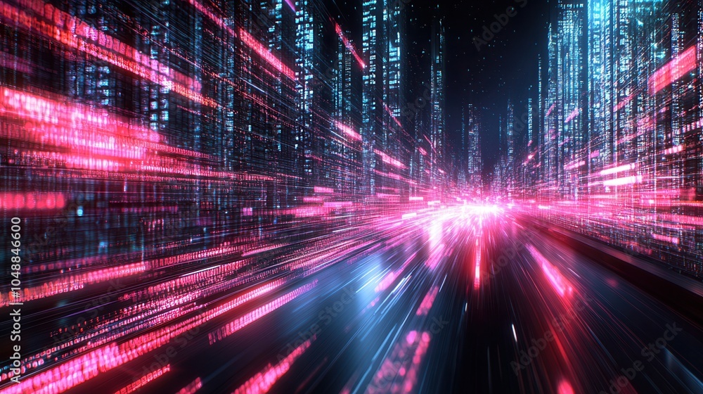 Poster dynamic digital landscape with vibrant lines of light representing speed, data flow, and technology 