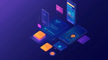 Digital devices and user interface elements floating above a dark background, illustrating modern technology, data analytics, and user interaction design concepts.