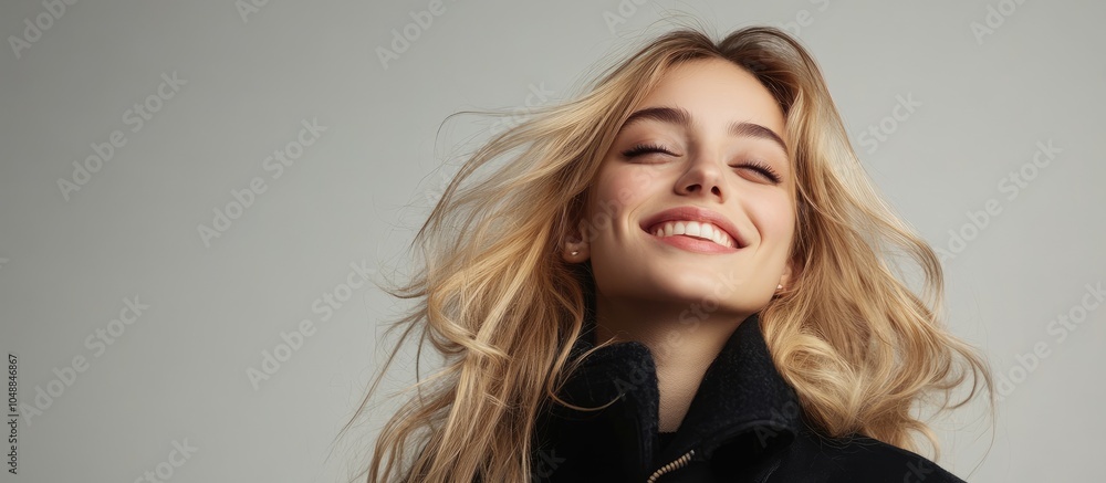 Poster Young attractive blonde model in a black jacket smiling. with copy space image. Place for adding text or design