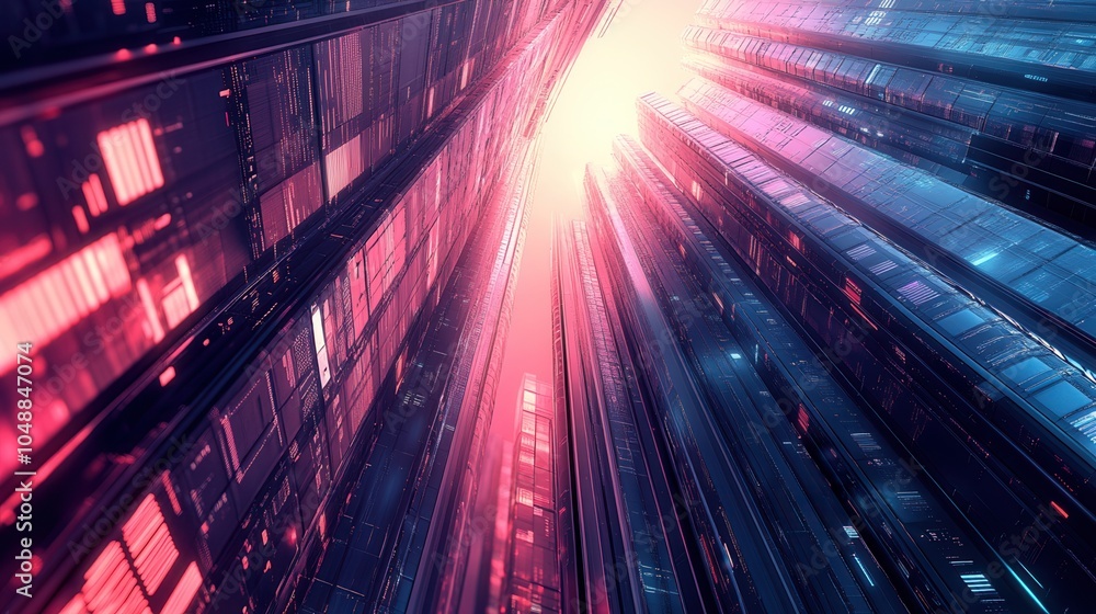 Poster futuristic architecture with vibrant lights and dynamic perspective, creating an immersive digital e