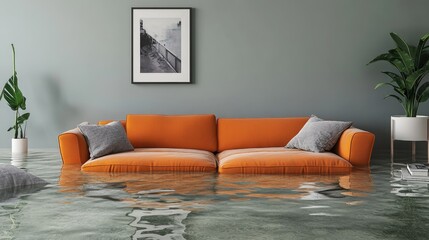 Furniture submerged in water inside a living room, emphasizing the need for home insurance coverage in case of flood damage.