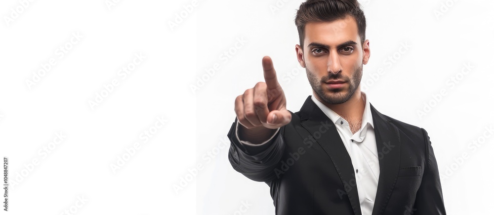Poster Young successful businessman pressing an imaginary button isolated on white. with copy space image. Place for adding text or design