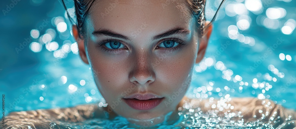 Poster a very attractive young woman in the swimming pool. with copy space image. place for adding text or 