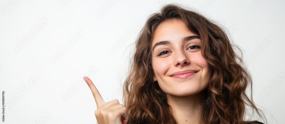 Poster portrait of a lovely young woman smiling and pointing to copy space with a white background availabl