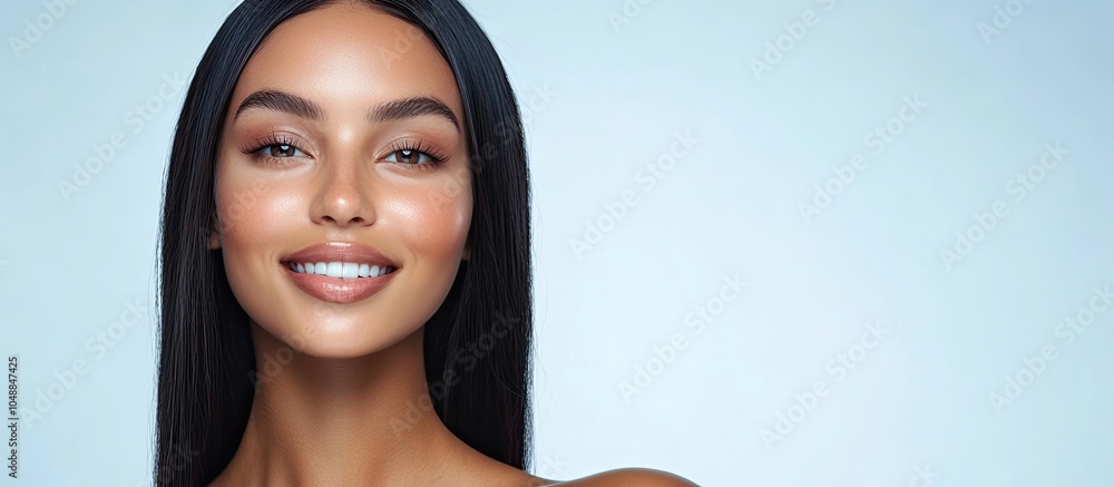 Poster beautiful woman with straight black hair smooth skin and a smiling pose with open shoulders set agai