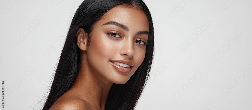 Poster beautiful woman with straight black hair smooth skin and a smiling pose with open shoulders set agai