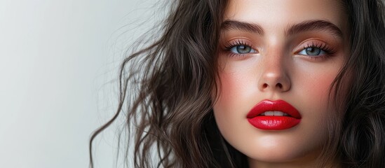 Fototapeta premium Beautiful young brunette woman wearing makeup with ombre lipstick. with copy space image. Place for adding text or design