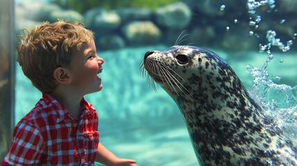A little boy laughing as a seal splashes water from its tank during a zoo show, Kid having fun at seal show, joyful animal performances concept