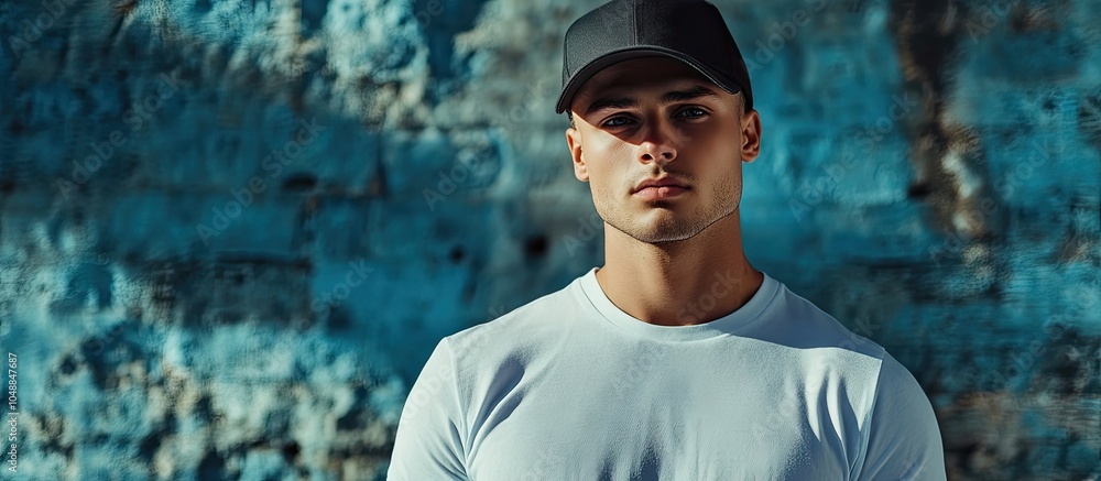 Poster young man in a white blank t shirt and a black cap template for printing t shirt mock up. with copy 