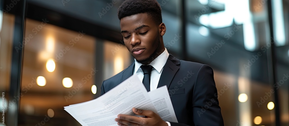 Poster A reflective young businessman is standing and reviewing documents in his office. with copy space image. Place for adding text or design