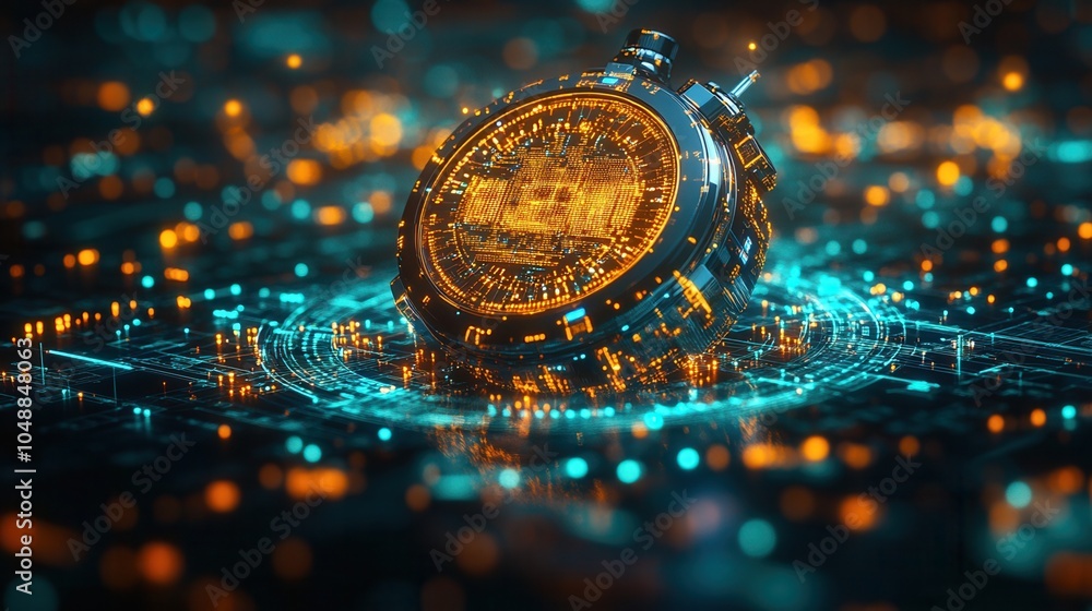 Poster futuristic digital clock surrounded by glowing data particles in a high-tech environment, symbolizin