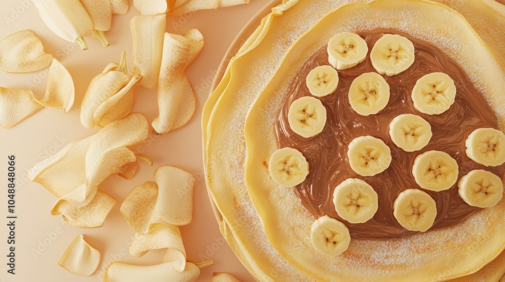 Poster A stack of thin pancakes with chocolate spread and banana slices.