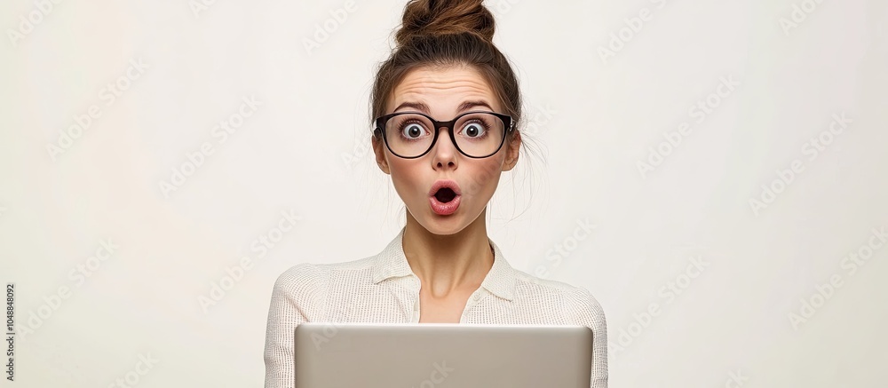 Poster surprised businesswoman in glasses working on a laptop against a white background. with copy space i