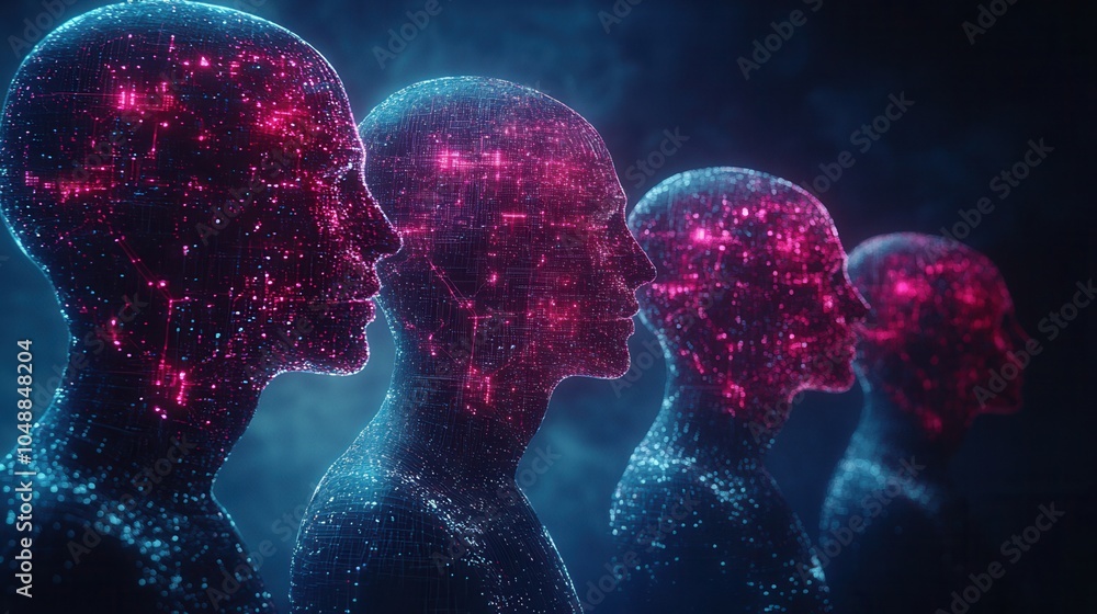 Poster futuristic digital heads with glowing elements representing technology, artificial intelligence, and