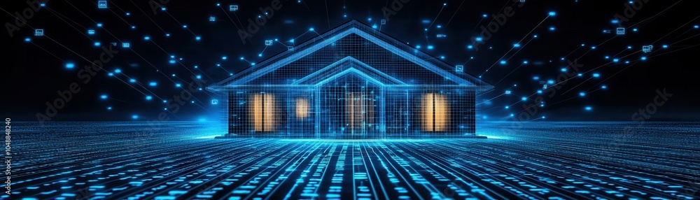 Poster futuristic digital home with blue lights and binary code, representing advanced technology and smart