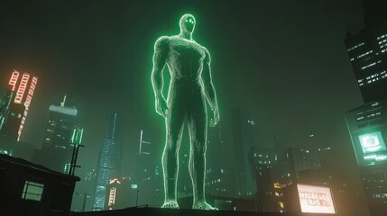 Fototapeta premium Towering statue illuminated by neon lights, set against a futuristic cityscape at night.