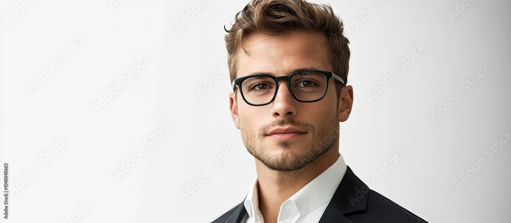 Poster portrait of an attractive man in a suit and glasses set against a white background copyspace for tex