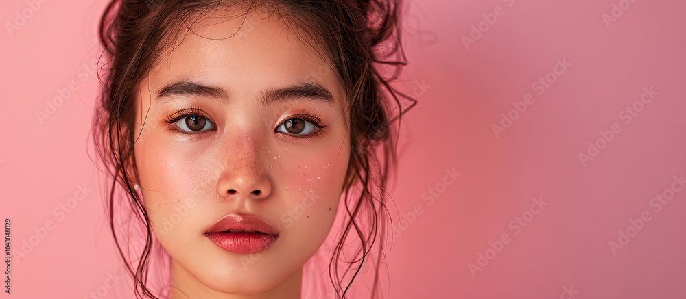 Poster portrait of a beautiful asian woman against a pink background. with copy space image. place for addi