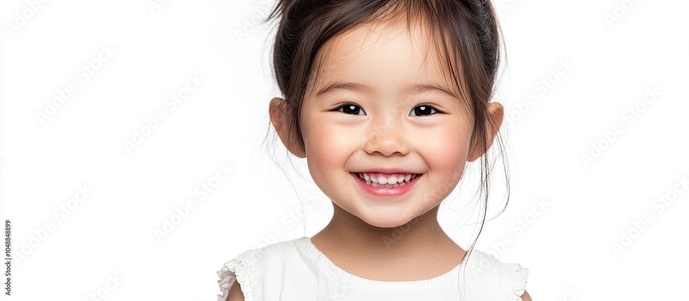 Poster portrait of a joyful little asian girl isolated on a white background with copyspace concept of a sm
