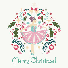Minimalist Christmas Card. Scandinavian style, Nutcracker ballet, ballerina with Christmas decoration